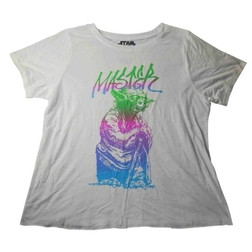 Star Wars Yoda‎ Tee Girls XL Neon Retro Graphic Master Mismatch READ Raw Hem